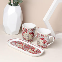 Elegant Red Porcelain Tea & Coffee Mug Set – 3-Piece Gift Set with Snack Platter
