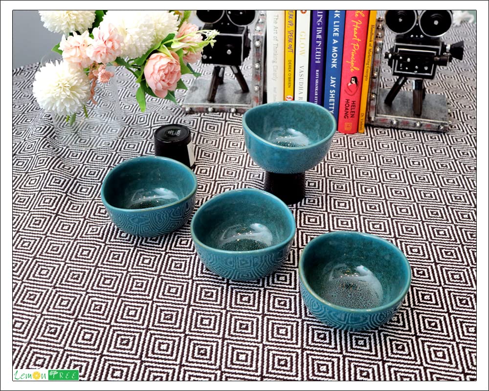 Lemon Tree Set of 4 Stoneware Katori Bowls (250ml) | Turquoise Serving Bowls for Snacks, Starters, Soups & Salads | Microwave & Dishwasher Safe
