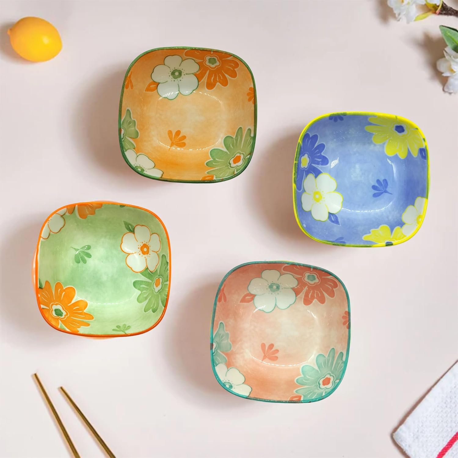 Lemon Tree Multicolor 4-Piece Ceramic Bowl Set – 175ML Each, Small Square Serving Bowls for Dips, Snacks & Desserts – Microwave & Dishwasher Safe