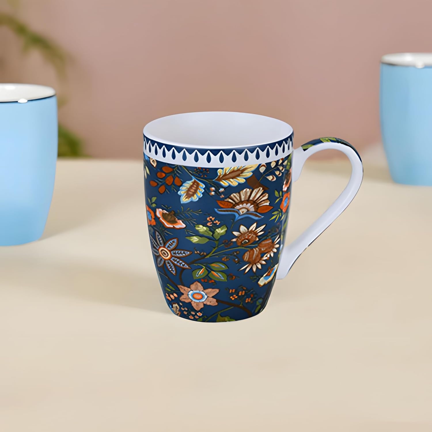 Lemon Tree Dark Blue Ceramic Mug Set – Elegant 6-Piece Fine Porcelain Collection