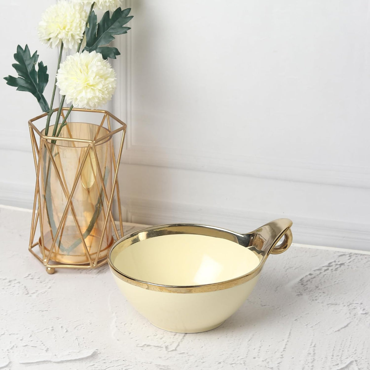 Elegant Cream Ceramic Deep Serving Bowl – 18cm Round Dish with Gold Rim & Hook Handle