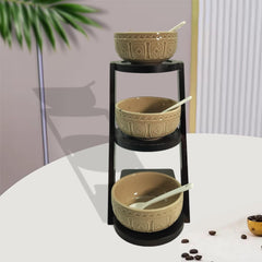 Premium 3-Bowl Ceramic Serving Set with Tall Bamboo Stand & Matching Spoons – Elegant Dining Essential