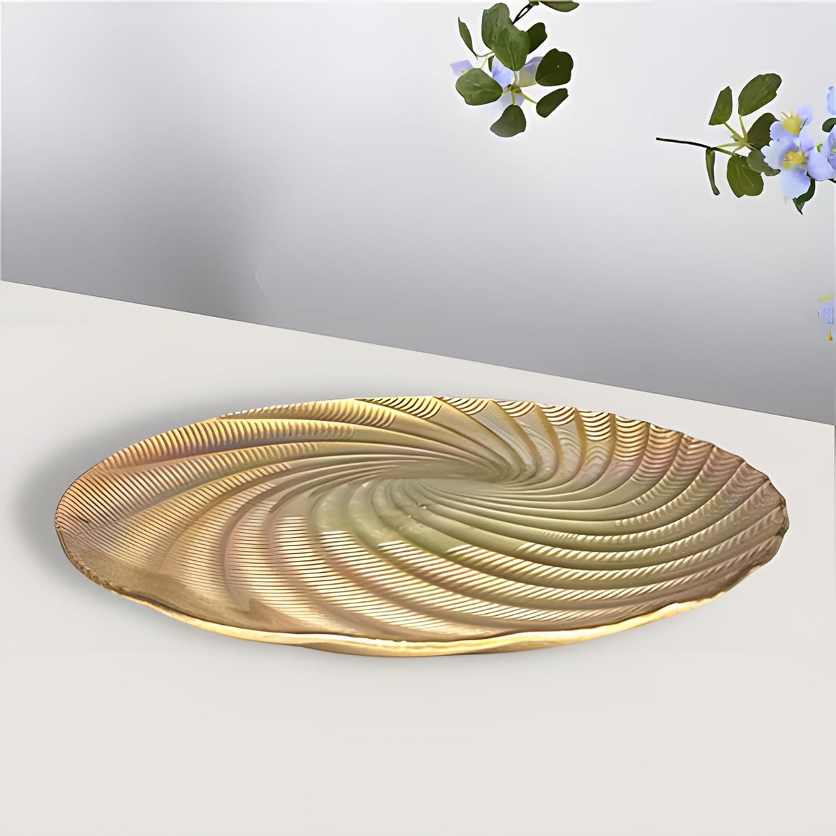 Lemon Tree Golden Pearl Glass Platter | 27cm Round Flat Serving Plate with Glossy Pearl Finish – Elegant Dining & Gifting