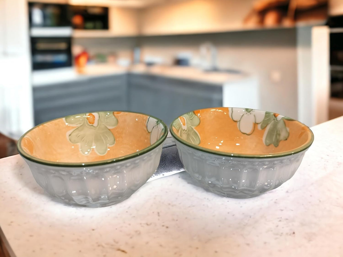Lemon Tree 2-Piece Orange Floral Ceramic Dip & Nut Bowl Set – 4-Inch, Microwave & Dishwasher Safe