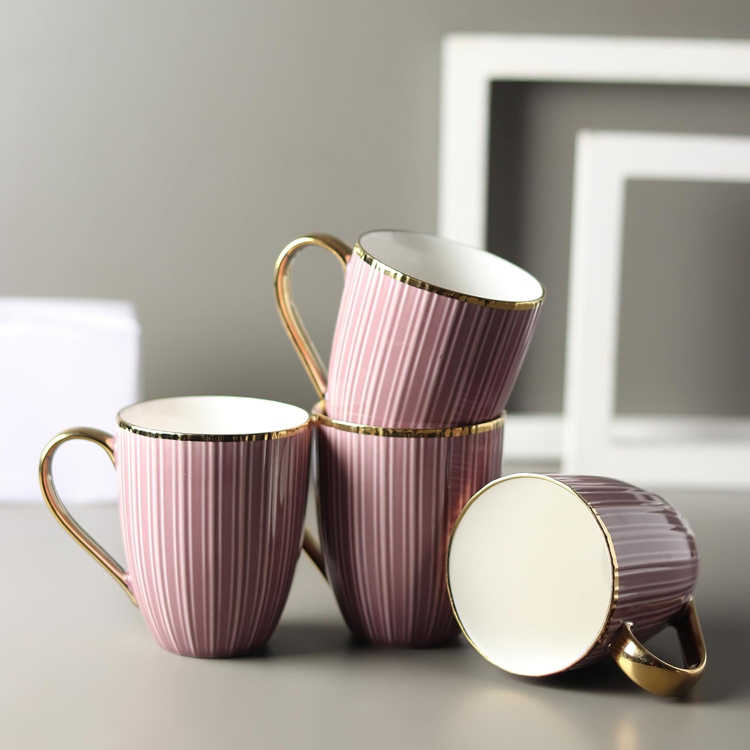 Luxurious Earthy Pink Porcelain Mug Set – 4-Piece Tea & Coffee Mugs with Gold Rim & Handle