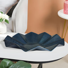 Lemon Tree Blue Glass Deep Round Platter with Wavy Rim | Stylish Textured Serving Dish