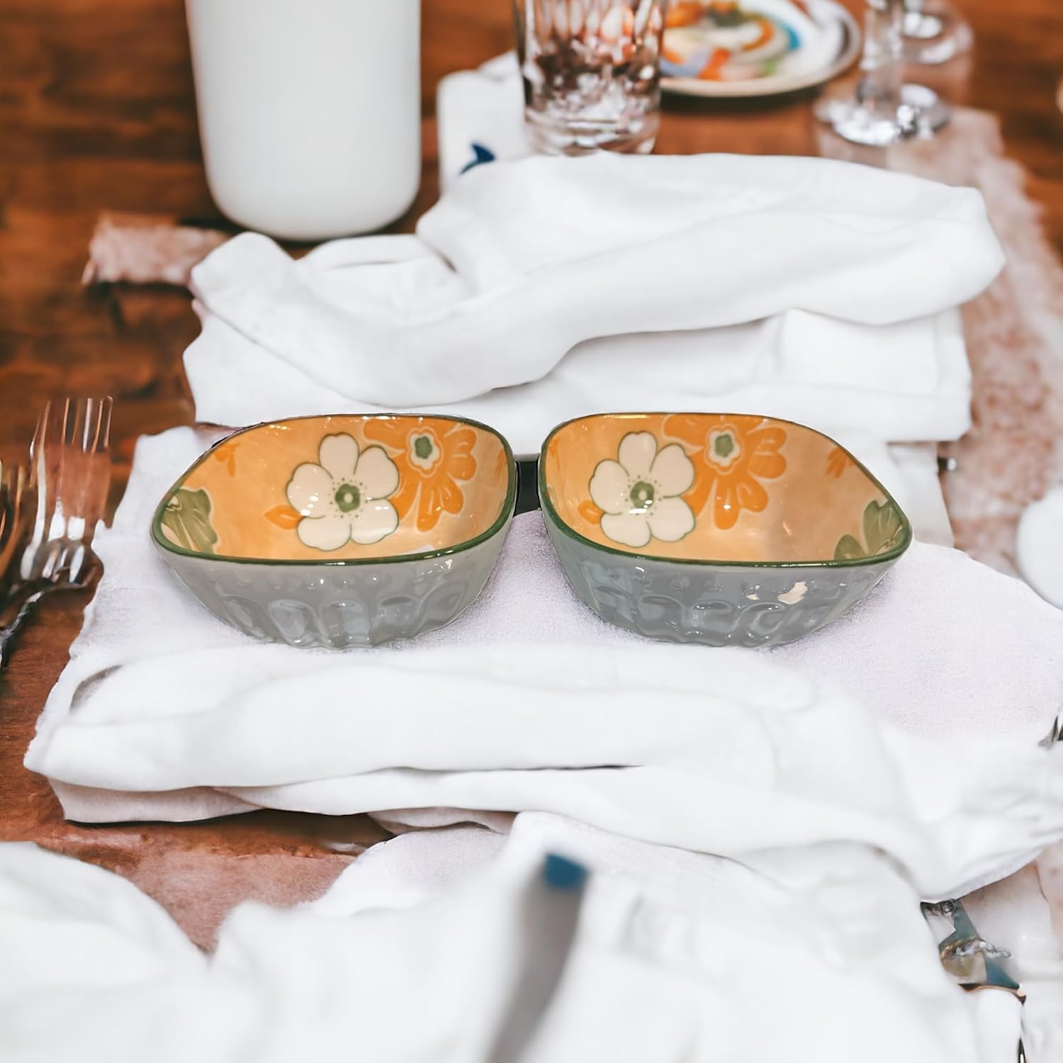 Lemon Tree Orange Ceramic Bowl Set – 2 Pc Small Square Serving Bowls for Dips, Nuts & Desserts – Microwave & Dishwasher Safe