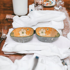 Lemon Tree Orange Ceramic Bowl Set – 2 Pc Small Square Serving Bowls for Dips, Nuts & Desserts – Microwave & Dishwasher Safe