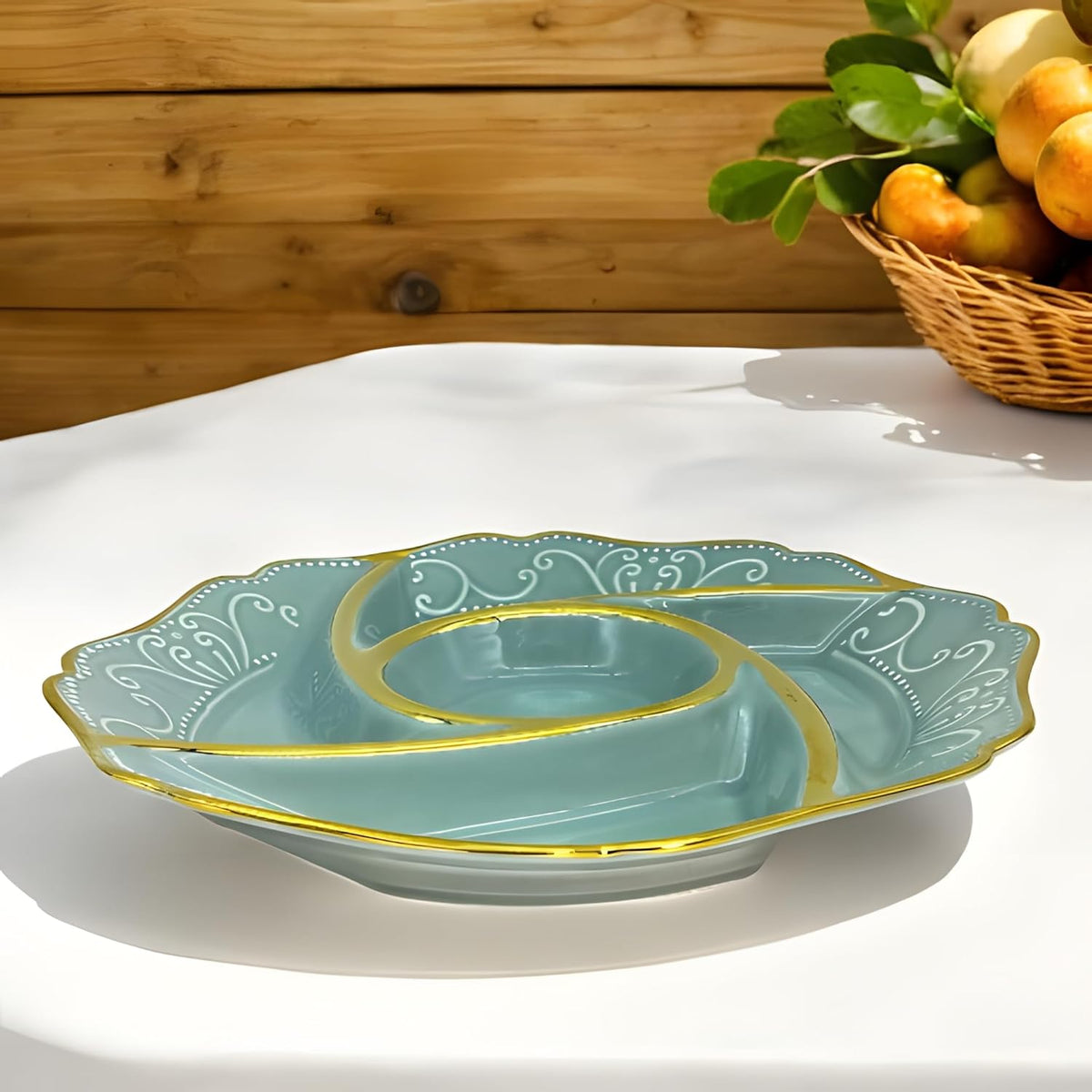 Elegant Blue Round Ceramic Partition Platter with Gold Rim & Dip Slot – 32cm Serving Dish