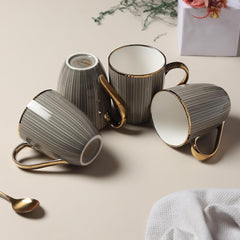 Elegant Grey Porcelain Mug Set – 4-Piece Tea & Coffee Mugs with Gold Rim & Handle