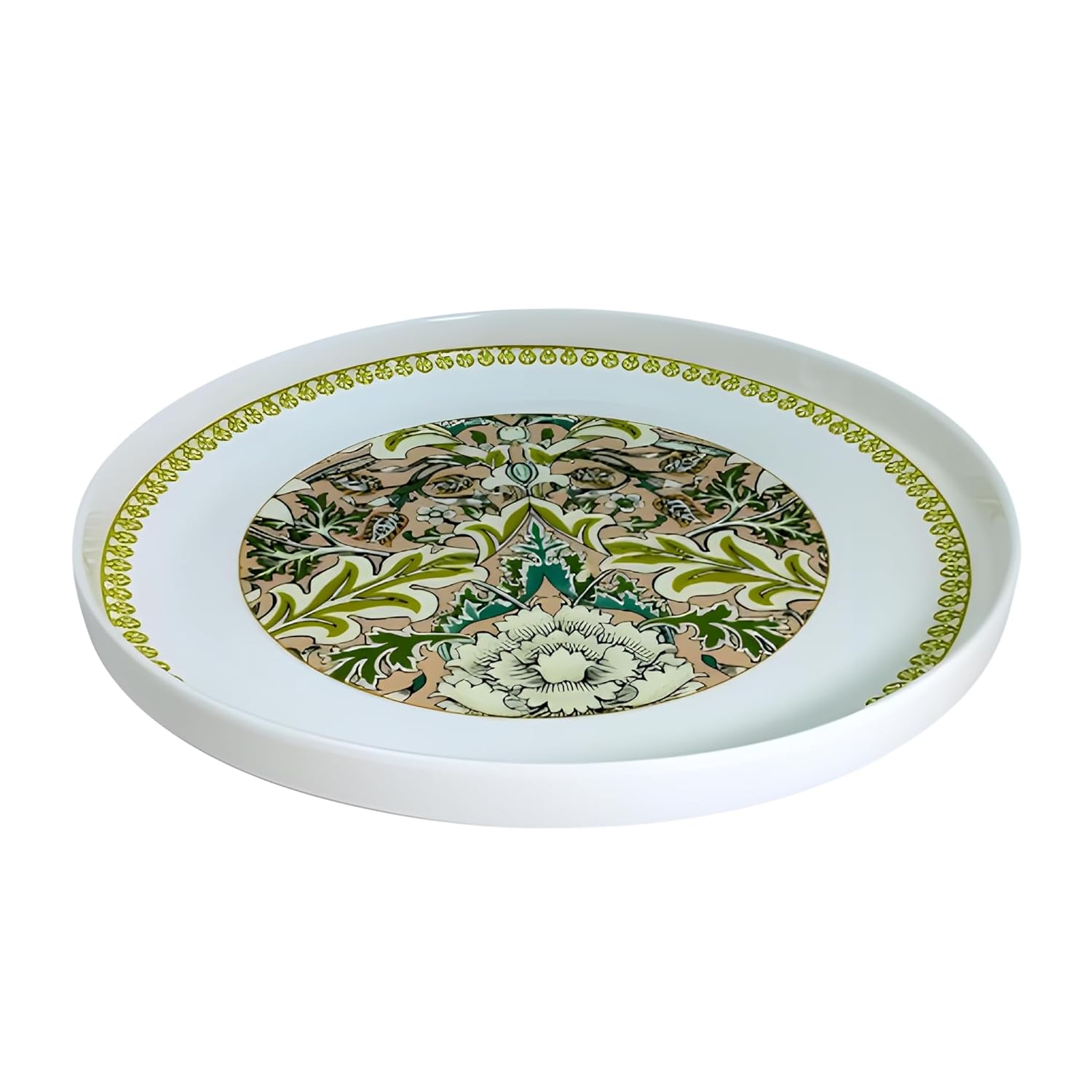 Light Green & Beige Floral Fine Porcelain Quarter Plate with Light Green Border - 8 Inch