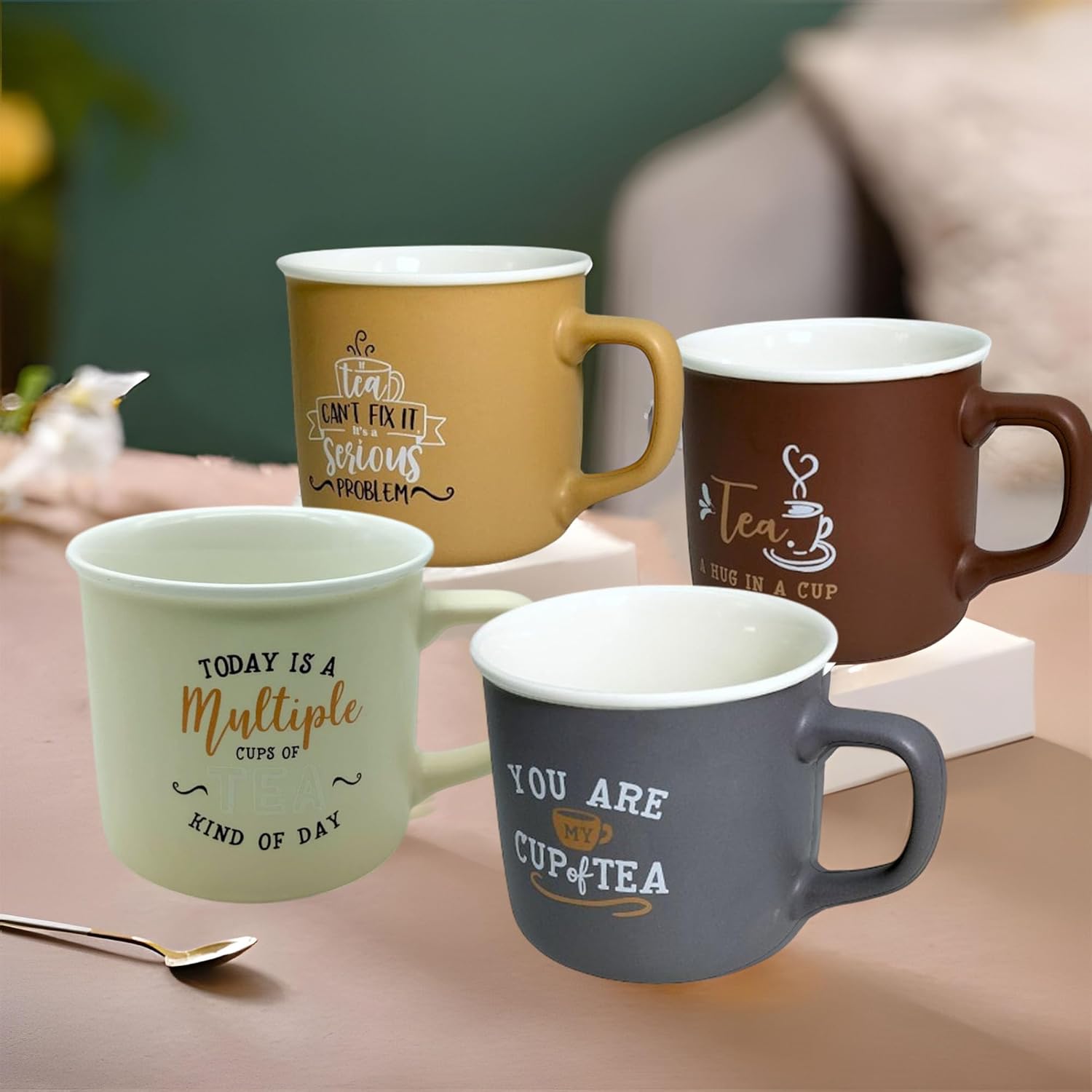 Lemon Tree 4-Piece Matte Porcelain Mug Set – Multicolor Tea  Mugs with Fun & Quirky Text Prints (Brown, Beige, Mustard, Grey)