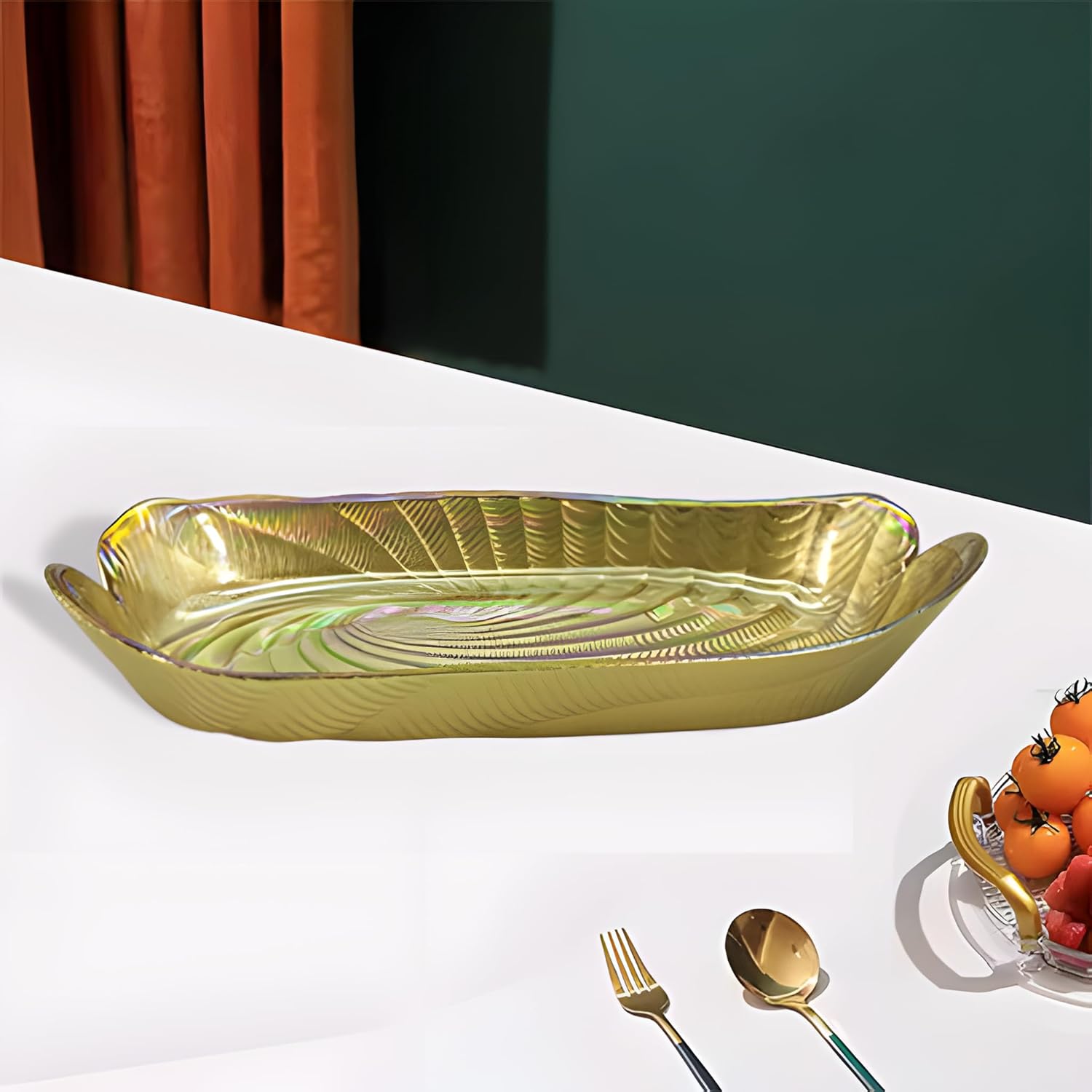 Lemon Tree Golden Pearl Finish Rectangular Deep Glass Platter | Luxurious Serving Dish for Snacks & Desserts