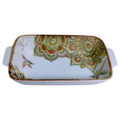 Lemon Tree Green Ceramic Matte Finish Rectangular Deep Dish Platter with Handles – Elegant Serveware for Snacks & Desserts