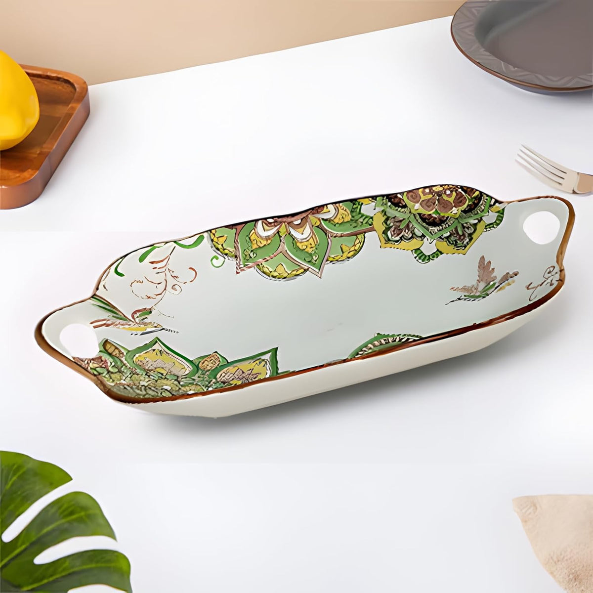 Lemon Tree Green Ceramic Matte Finish Rectangular Platter with Dual Ear Handles – Elegant & Functional Serveware