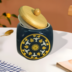 Lemon Tree Blue Floral Ceramic Storage Jar (500ml) | Airtight Wooden Lid Canister for Snacks, Spices & Dry Fruits
