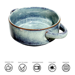 Lemon Tree Green Ceramic Serving Bowl with Double Handles | 500ml Stoneware Bowl for Snacks & Soups | Microwave & Dishwasher Safe