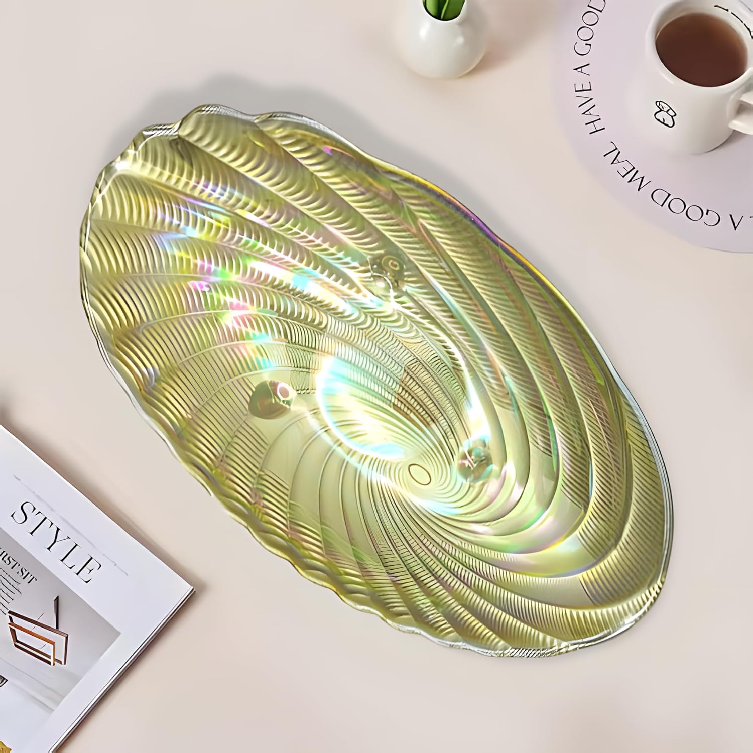 Lemon Tree Golden Pearl Finish Oval Boat-Shaped Deep Glass Platter | Elegant Serving Dish for Snacks & Desserts