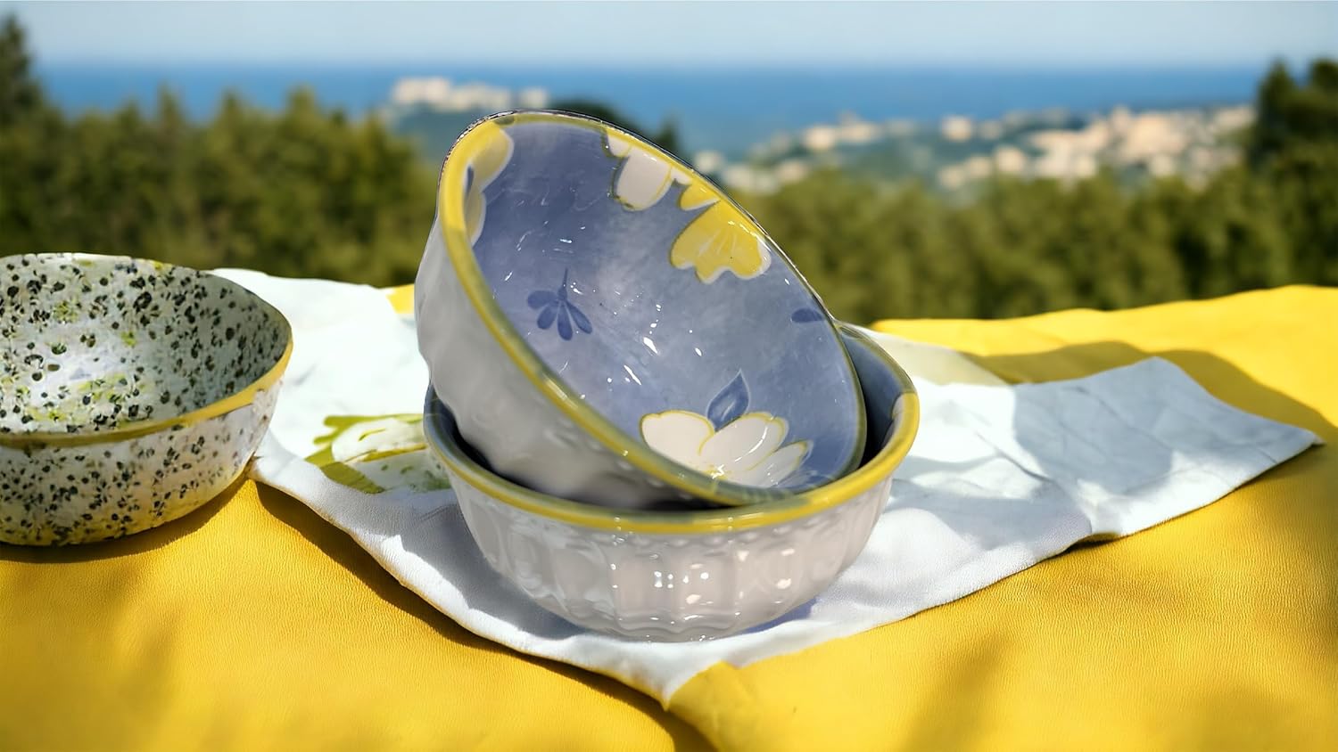 Lemon Tree 2-Piece Blue Floral Ceramic Dip & Nut Bowl Set – 4-Inch, Microwave & Dishwasher Safe