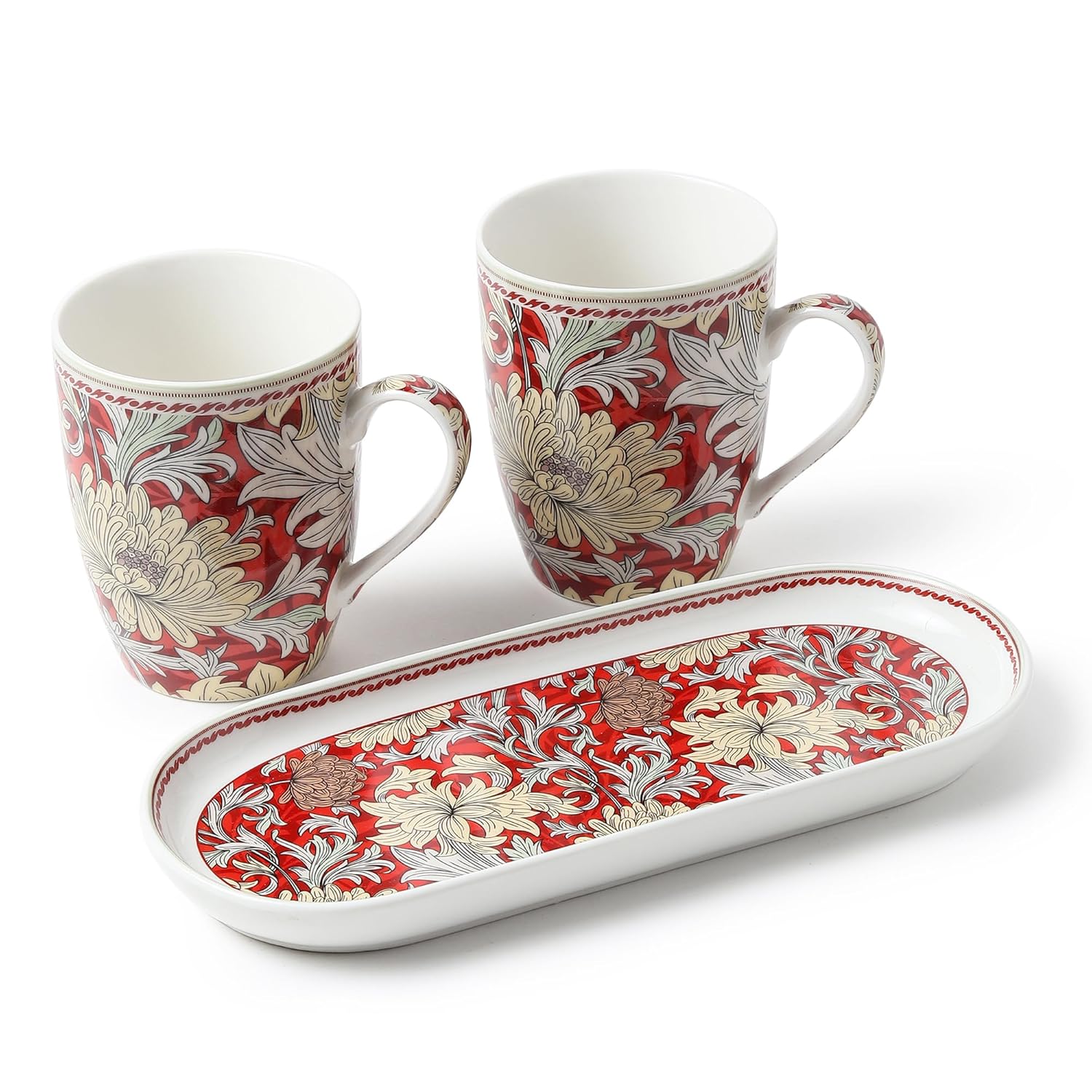 Elegant Red Porcelain Tea & Coffee Mug Set – 3-Piece Gift Set with Snack Platter