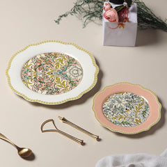 Vintage Floral 2-Tier Porcelain Cake Stand | Elegant Peach & Green Snack Server with Gold Handle