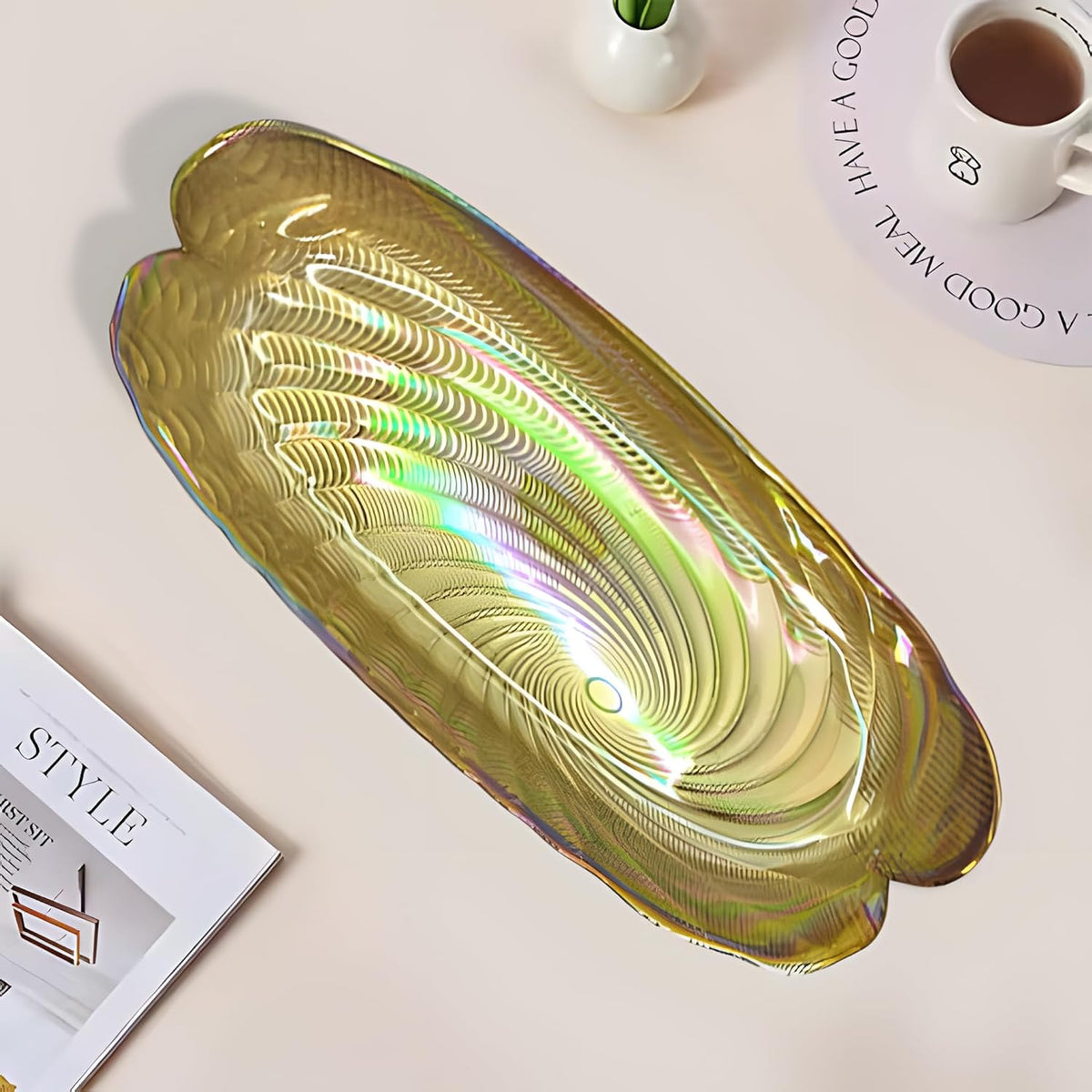 Lemon Tree Golden Pearl Finish Rectangular Deep Glass Platter | Luxurious Serving Dish for Snacks & Desserts