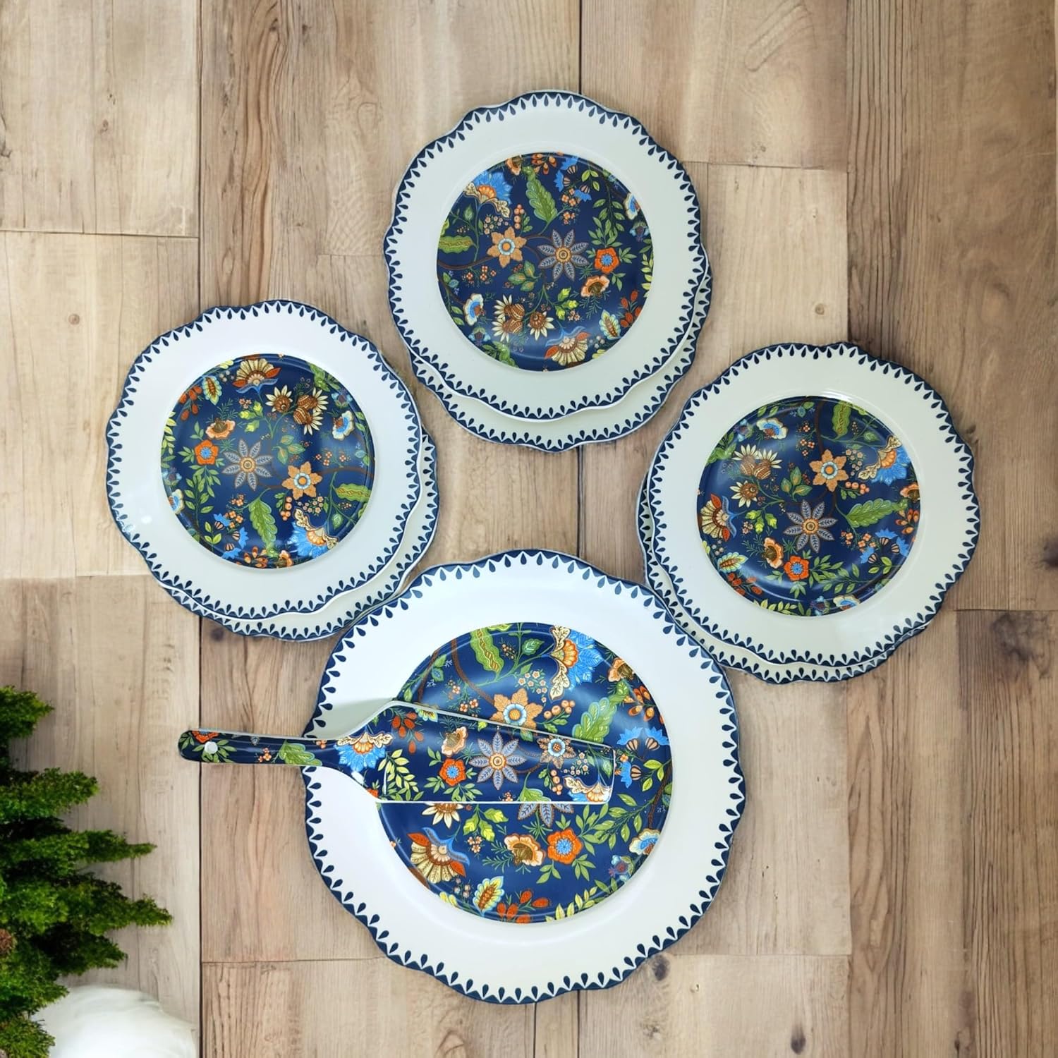 LEMON TREE HJ 1001 Fine Porcelain 8-Piece Cake & Snack Serving Set | Elegant Blue Floral Design | White Scalloped Edge Plates | Gift-Ready