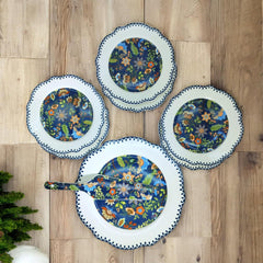 LEMON TREE HJ 1001 Fine Porcelain 8-Piece Cake & Snack Serving Set | Elegant Blue Floral Design | White Scalloped Edge Plates | Gift-Ready