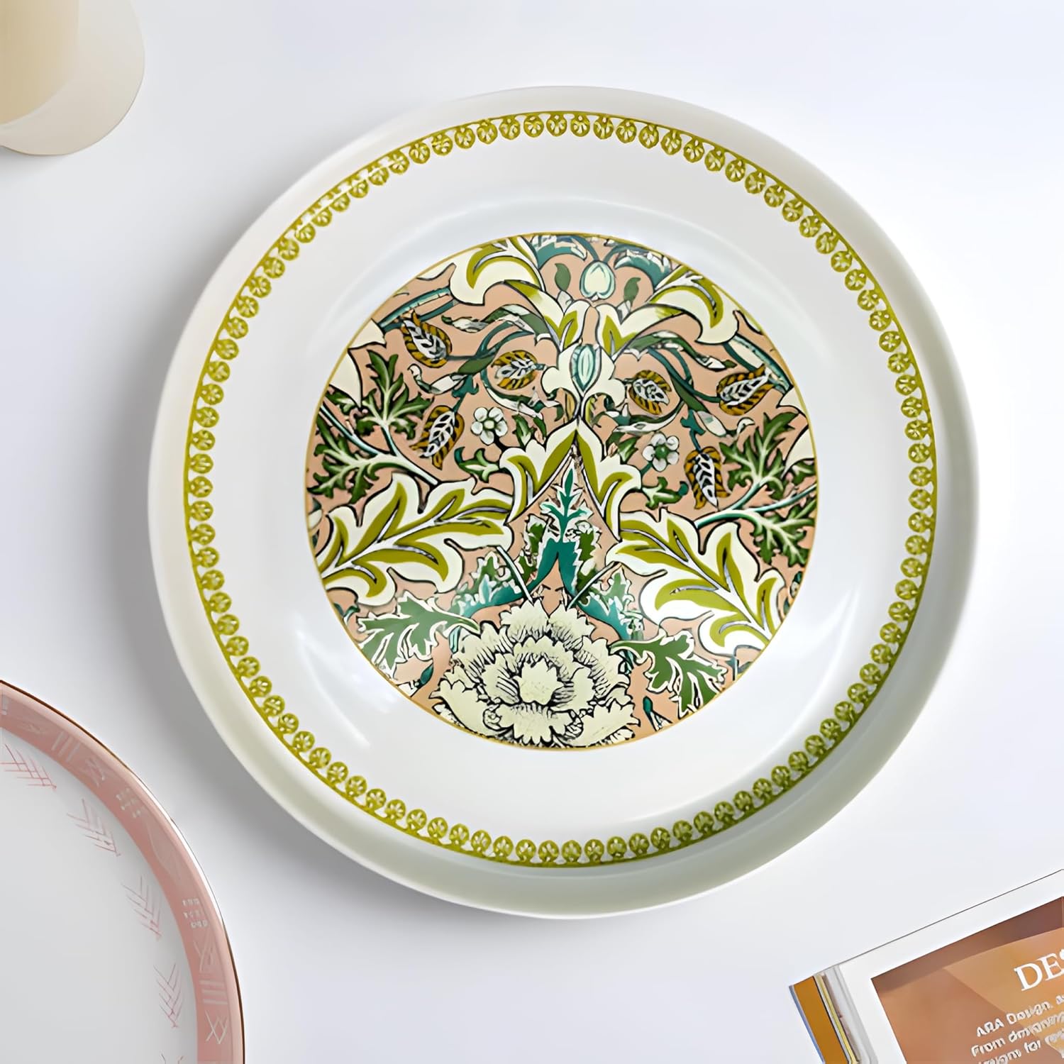 Light Green & Beige Floral Fine Porcelain Quarter Plate with Light Green Border - 8 Inch