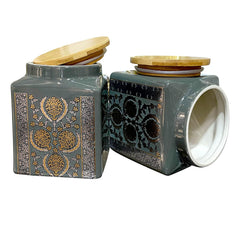 Lemon Tree Grey Ceramic Storage Jar Set of 2 – 1000ml Airtight Kitchen Containers with Wooden Lids | Stylish Marigold Print Canisters for Snacks, Dry Fruits & More