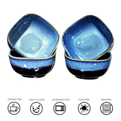 Lemon Tree Blue Ceramic Bowls Set of 4 (350ml) | Stylish & Durable Microwave-Safe Stoneware | Perfect for Snacks, Rice, Dal & More