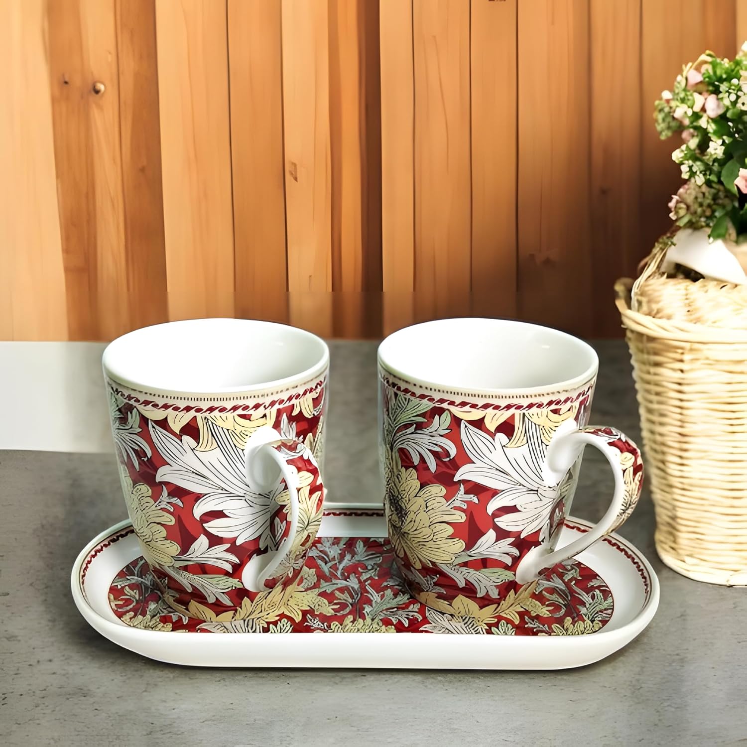 Elegant Red Porcelain Tea & Coffee Mug Set – 3-Piece Gift Set with Snack Platter