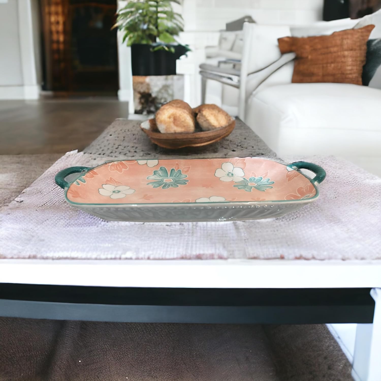 Lemon Tree Pink Ceramic Deep Dish Platter | Elegant Rectangular Serving Platter with Handles | Stylish Snack & Dessert Plate