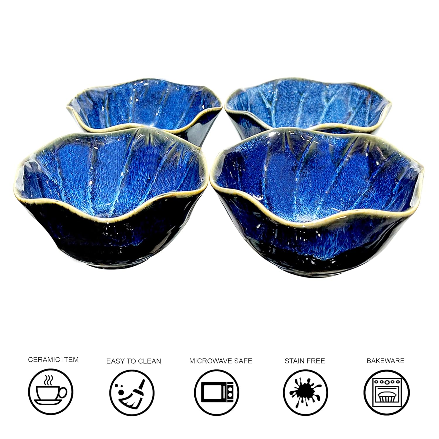 Lemon Tree Blue Floral Shape Ceramic Bowls Set (4 Pcs, 350ml) | Stylish & Durable Snack Bowls for Serving & Dining