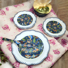 LEMON TREE HJ 1001 Fine Porcelain 8-Piece Cake & Snack Serving Set | Elegant Blue Floral Design | White Scalloped Edge Plates | Gift-Ready