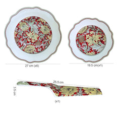 LEMON TREE HJ 1001 Fine Porcelain 8-Piece Cake & Snack Serving Set | Rich Red & Gold Floral Design | Elegant Scalloped Edge Plates | Gift-Ready