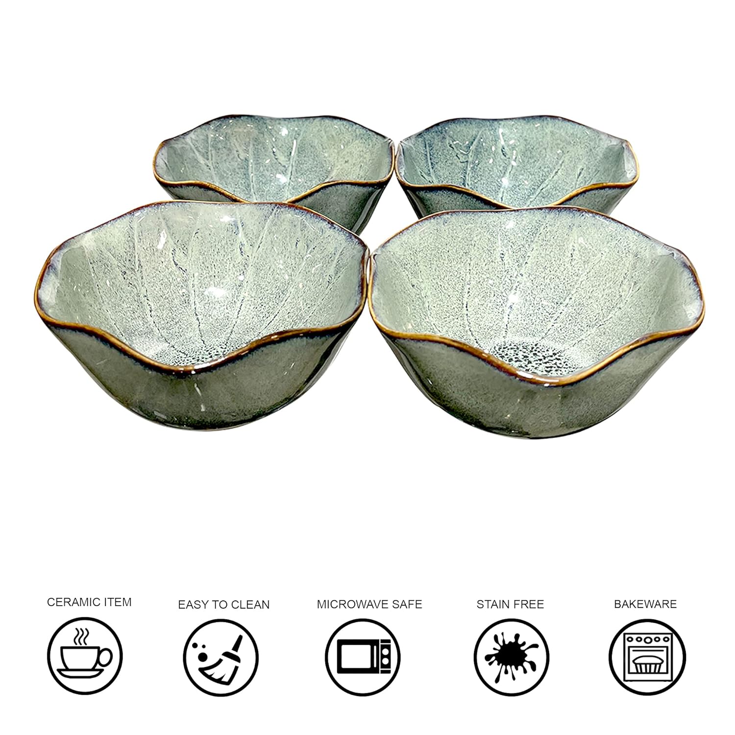 Lemon Tree Green Floral Shape Ceramic Bowls (Set of 4, 350ml) | Microwave-Safe Snack & Serving Bowls