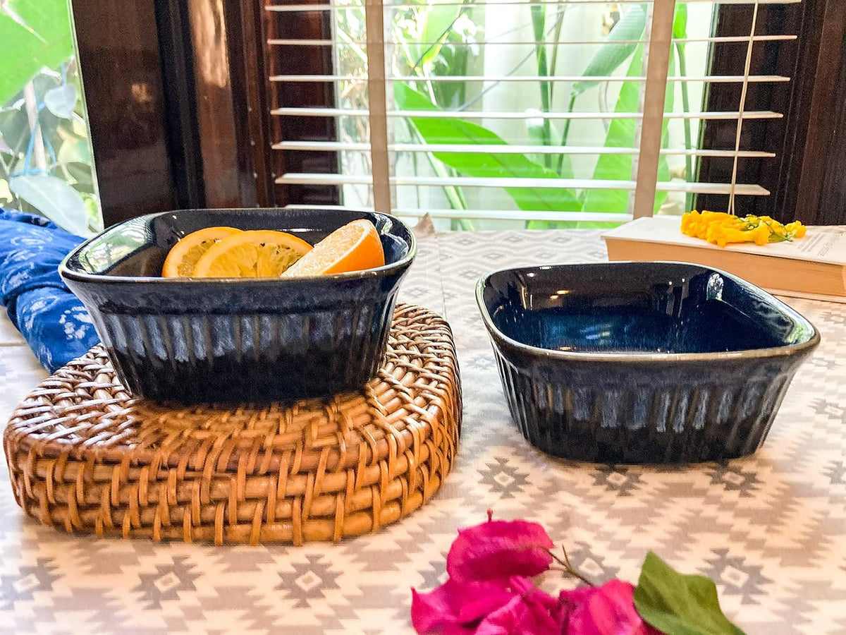 Lemon Tree Square Ceramic Serving Bowls – 500ml (Set of 2) | Blue Stoneware Snack & Soup Bowls | Durable, Microwave & Dishwasher Safe
