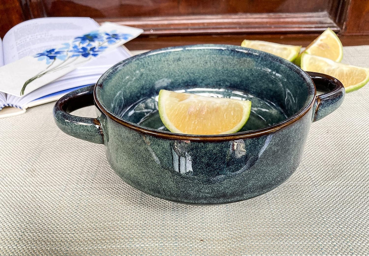 Lemon Tree Green Ceramic Serving Bowl with Double Handles | 500ml Stoneware Bowl for Snacks & Soups | Microwave & Dishwasher Safe