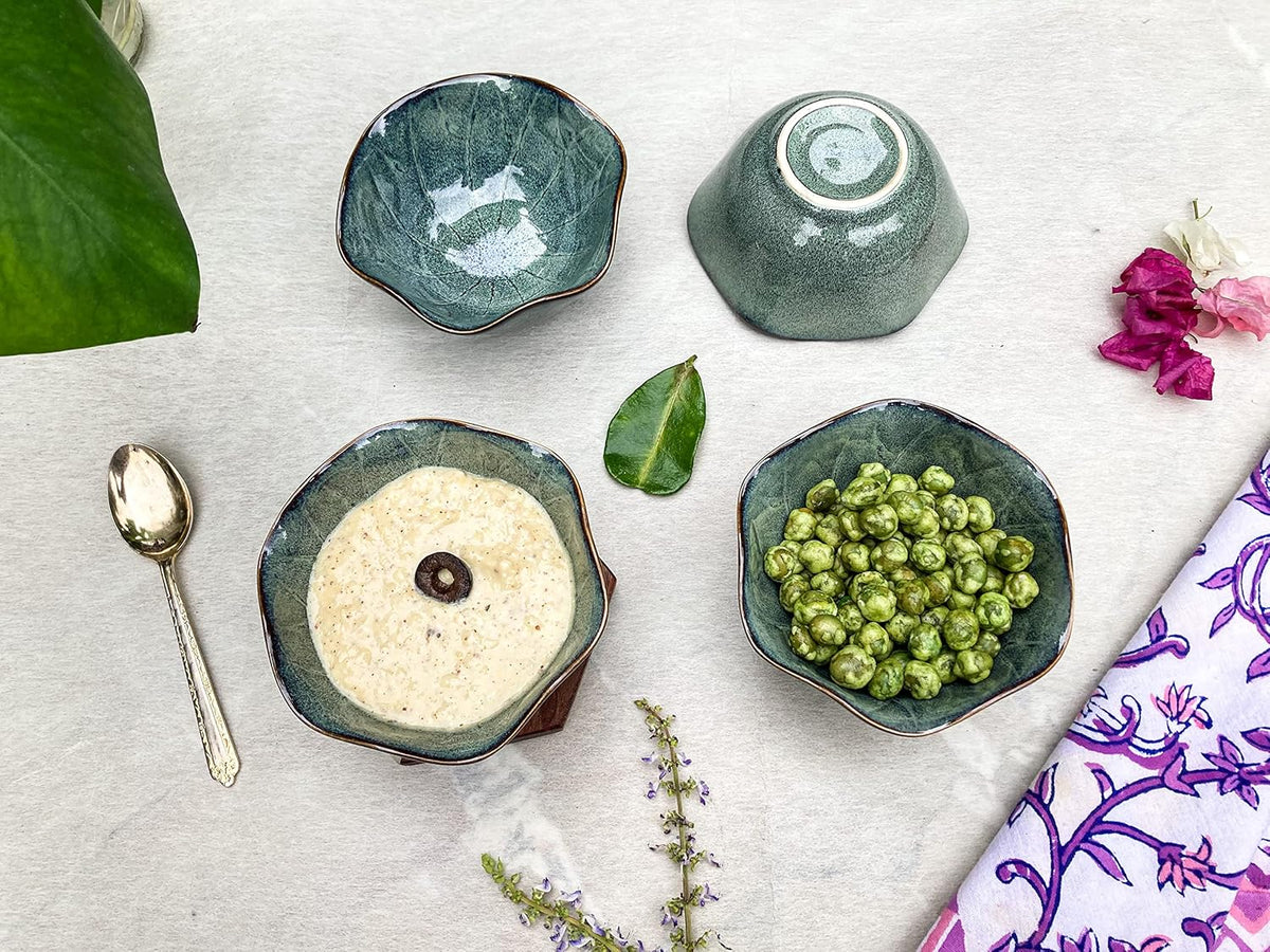 Lemon Tree Green Floral Shape Ceramic Bowls (Set of 4, 350ml) | Microwave-Safe Snack & Serving Bowls