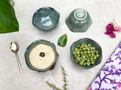 Lemon Tree Green Floral Shape Ceramic Bowls (Set of 4, 350ml) | Microwave-Safe Snack & Serving Bowls
