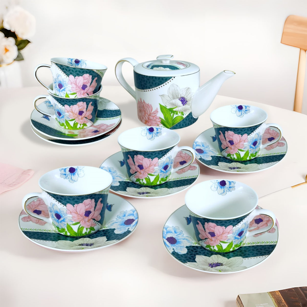 GV2264 – Fine Porcelain 13-Piece Blue Tea Set with Floral Decal and Gold Line – Lightweight A-Grade Ceramic Cups, Saucers & 1000ml Teapot – Elegant Gift Box Packaging in Modern Colors & Designs