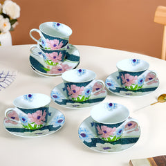 GV2260 – 12-Piece Fine Porcelain Tea Cup & Saucer Set | Lightweight A-Grade Ceramic with Floral HD Decal & Gold Line | 220 ml | Elegant Gift Box Packaging