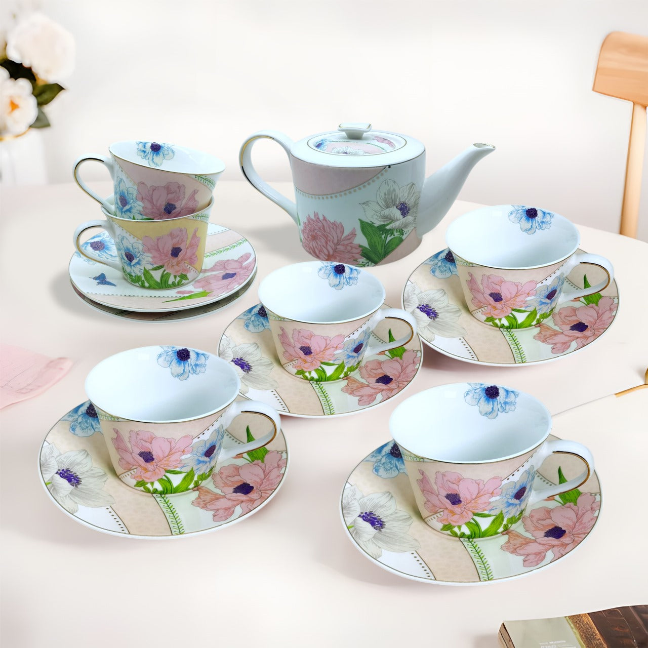 GV2263 – Premium 13-Piece Fine Porcelain Tea Set with Gold Line & Floral Decal – Lightweight A-Grade Ceramic Cups, Saucers, and 1000ml Teapot – Elegant Gift Box Packaging – Modern Colors & Design