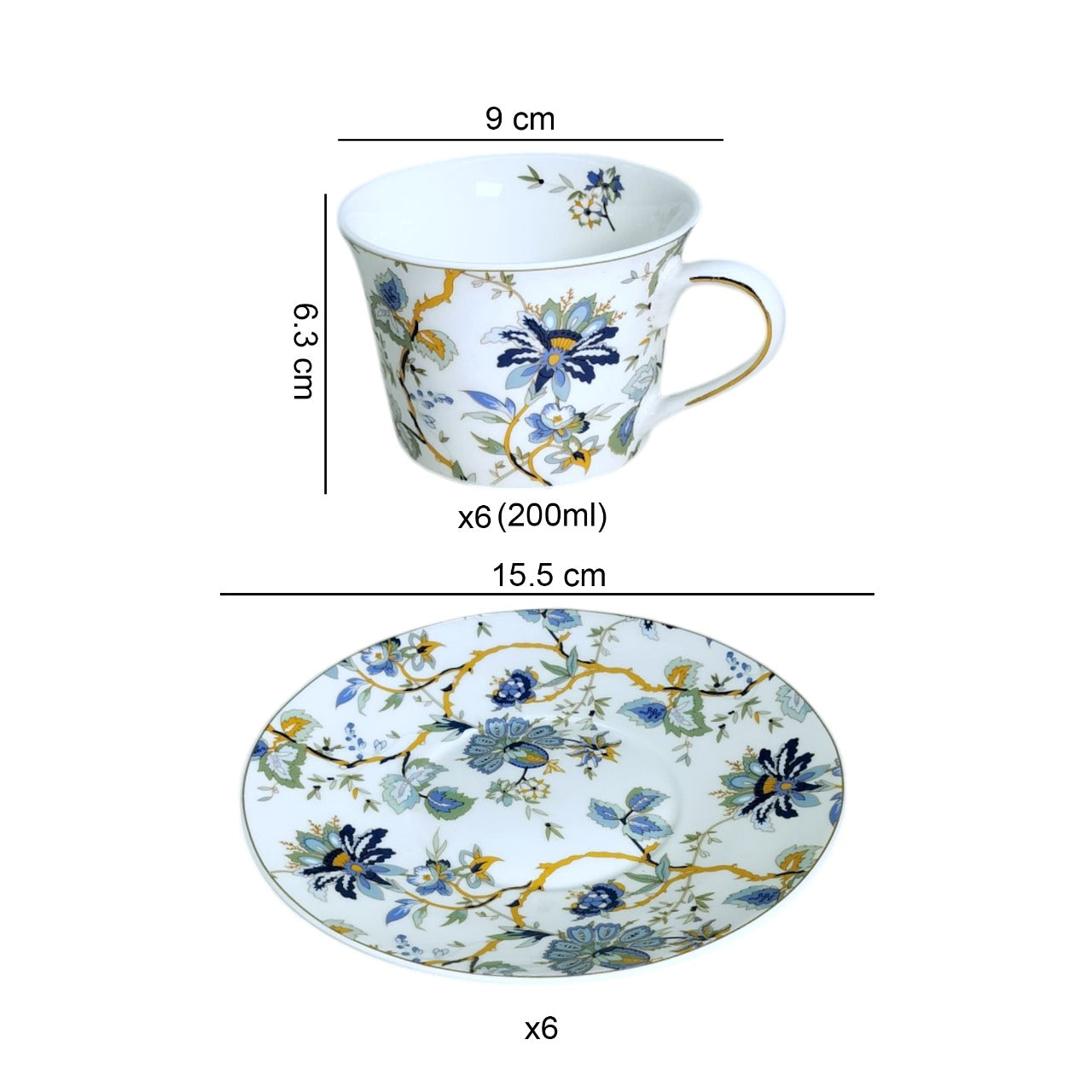 GV2261 – 12-Piece Fine Porcelain Cup & Saucer Set | 220 ml Lightweight A-Grade Ceramic with Elegant Floral Decal & Gold Line | Premium Gift Box Packaging