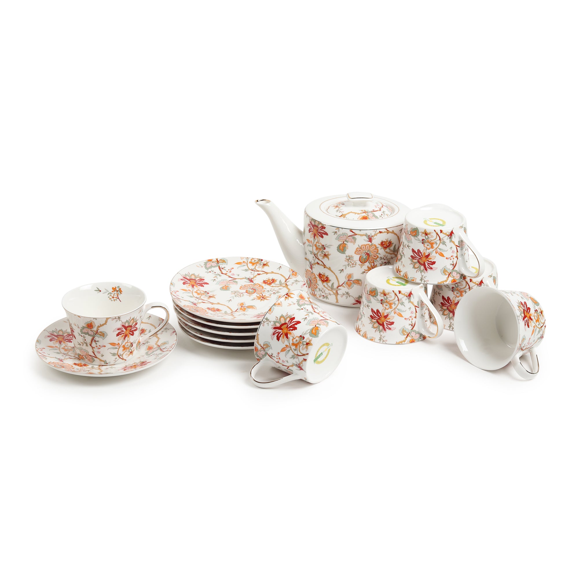 GV2264 – Elegant 13-Piece Orange Fine Porcelain Tea Set with Floral Decal & Gold Line Detailing | Lightweight Premium Ceramic Cups, Saucers & Teapot in Gift Box