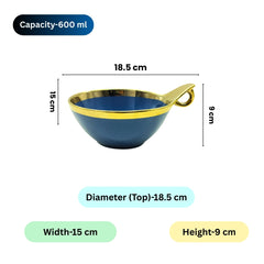Elegant Blue Ceramic Deep Serving Bowl – 18cm Snack & Salad Bowl with Gold Rim & Hook Handle