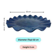 Lemon Tree Blue Glass Flat Round Platter with Wavy Rim | Elegant Textured Serving Dish for Snacks & Salads