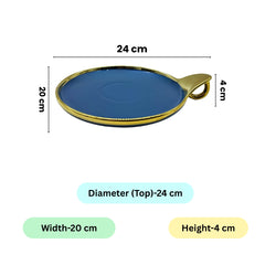 Elegant Blue Round Ceramic Serving Platter – Gold Rim & Hook Handle, 24cm