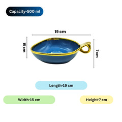Stylish Blue Triangular Ceramic Deep Serving Bowl – 19cm Dish with Gold Rim & Hook Handle